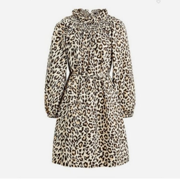 NWT J. Crew Dress Leopard Midi Ruffle Neck 50s Classic Tea Length Balloon Sleeve - Picture 1 of 11